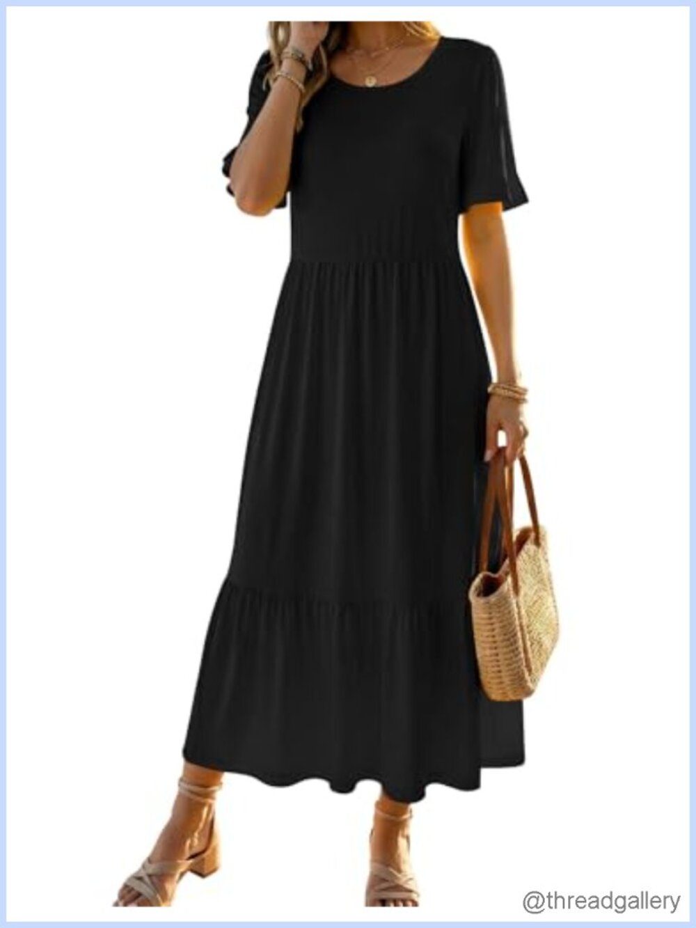 Flowy Tiered Midi Dress Ruffle Short Sleeve A Line Boho Sundress
